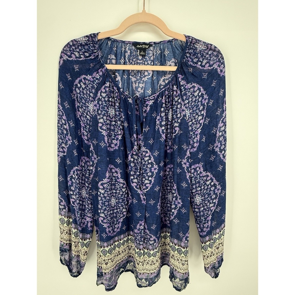 Lucky Brand Women's Bohemian Print Top Purple Cream Boho Whimsy Large